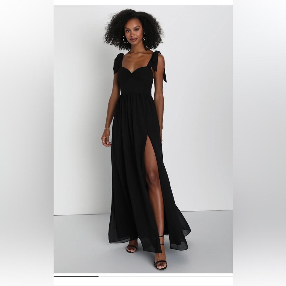Radiant Charisma Black Chiffon Ruched Tie-Strap Maxi Dress